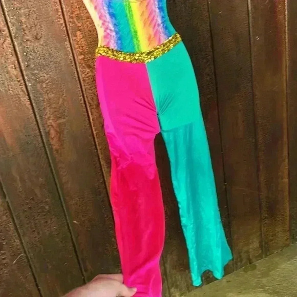 Vintage Rainbow Halter Neck Bell Bottom Flare Leg Jumpsuit Dance Costume 80s 90s - Picture 6 of 9